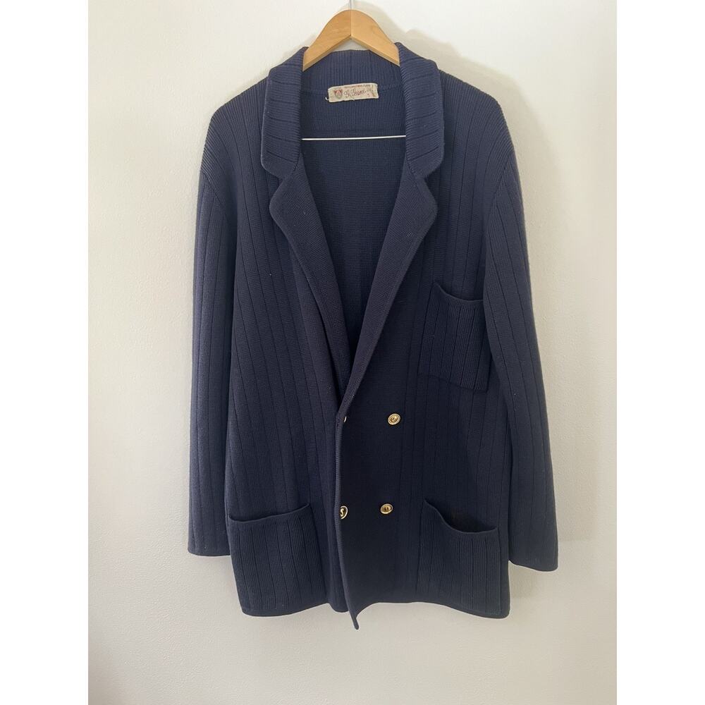 Vintage Navy Blue Gucci Wool Double Breasted Knit Men Cardigan Sweater 50s 60's